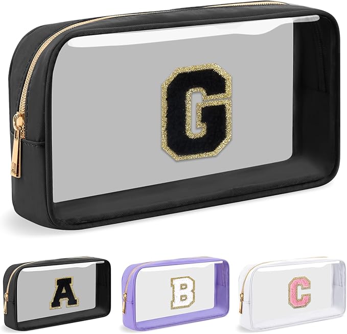 Personalized Initial Letter Clear Makeup Bag, Preppy Small Nylon & PVC Cosmetic Zipper Bag with Chenille Letter, Travel Skincare Toiletry Bag, Monogram Christmas Gift for Teen Girls Women, G