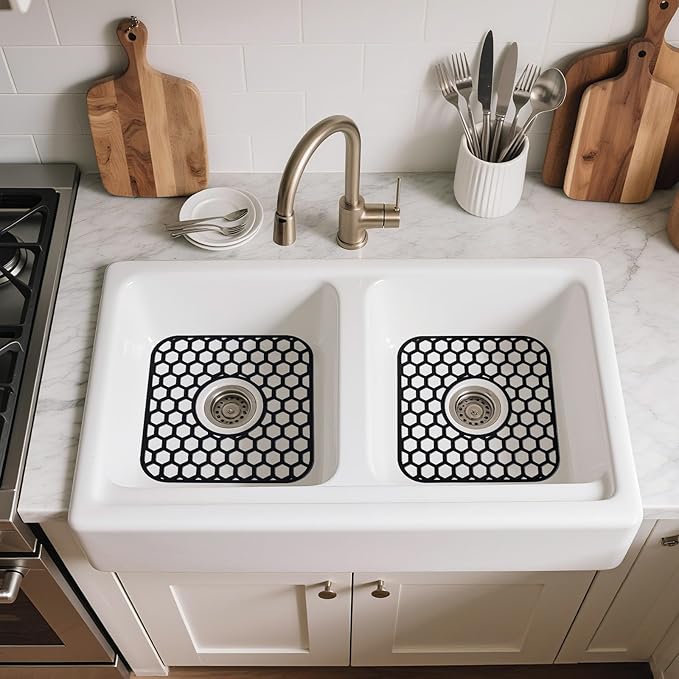 Silicone Sink Protectors for Kitchen Sink - 12" x 11" Kitchen Grid Accessory, Non-Slip Heat-Resistant Mat for Bottom of Porcelain Stainless Steel, Dishwasher Safe (Black)