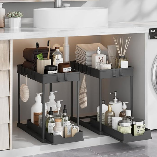 Under Sink Organizer 2 Pack,Bathroom Under Cabinet Storage with Pull Out Sliding Drawers for Kitchen Organization,12.8 Inch,Black