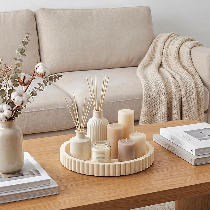 Round Concrete Decorative Tray for Coffee Table Decoration 12" Modern Cream White Table Centerpieces Decorative Ottoman Tray for Serve Home Decoration Accent Bandejas Decorativas Gift