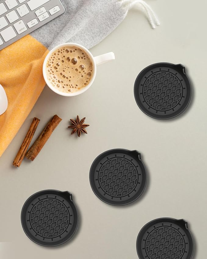 Car Cup Coasters, 4 Pack Universal Non-Slip Cup Holders Embedded in Ornaments Coaster, Car Interior Accessories, Black, Includes Car Duster Brush