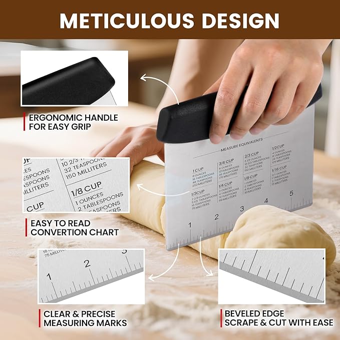 SCHVUBENR Dough Scraper Set with 2 Flexible Bowl Scrapers - Stainless Steel Dough Cutter & Bench Scraper with Measuring Scale - Versatile Kitchen Scraper for Bread, Pastry, Pizza, Cake - Black & Green
