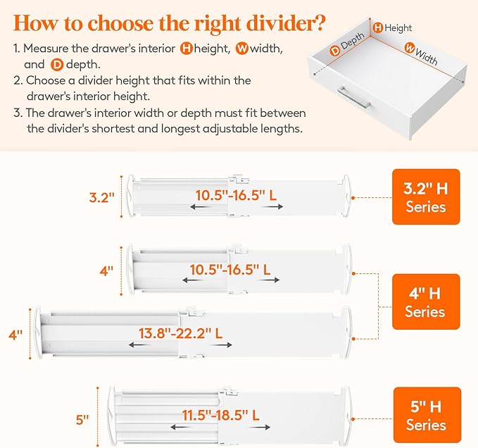Lifewit 6 Pack 5" High Drawer Dividers for Clothes, 11.5"-18.5" Expandable Dresser Drawer Organizers, Adjustable White Plastic Separators for Kitchen, Cabinet, Nursery, Socks & Underwear Storage
