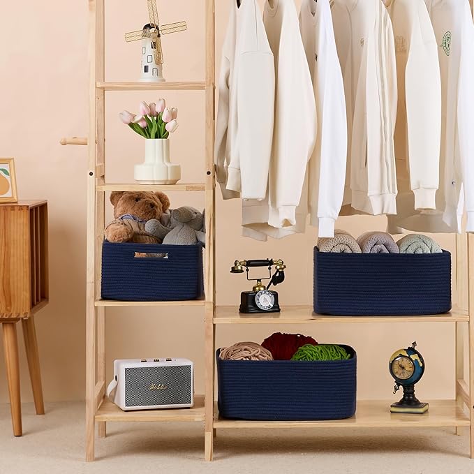 MiniArk Large Storage Baskets for Shelves, Closet Organizers Bins for Clothes Blanket Towels, Baby Nursery, Toy Baskets Box, Woven Rope Baskets, 17 x 13 x 7.5”, 2 Packs Navy Blue