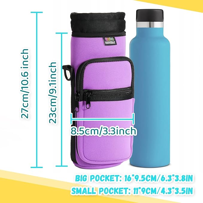 Nuovoware Water Bottle Carrier Bag,25oz/40oz/64oz Bottle Pouch Holder,Adjustable Shoulder Hand Strap 2 Pocket Sling Neoprene Sleeve Sports Accessories for Hiking Travelling Camping