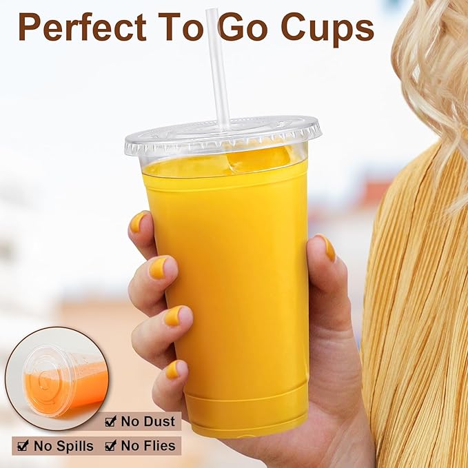 Lamosi 100 Pack 24 oz Clear Plastic Cups with Lids and Straws, Disposable Iced Coffee Cups with Lids for To-Go Cold Drinks, Smoothies and Slushie