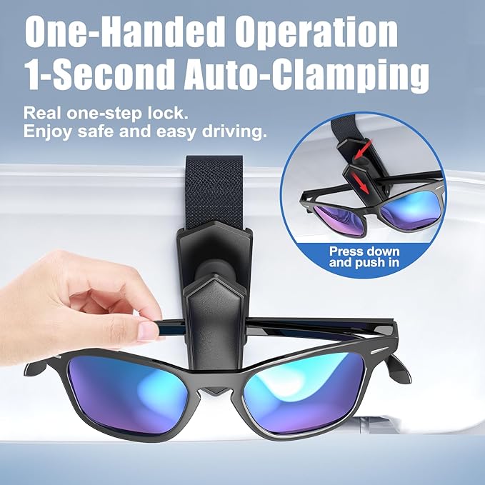 Veharvim Sunglass Holder for Car (One-Handed-Operation, Gentle & Secure Hold, Silicone Padded, Universal Fit, Metal Clip) Visor Sunglass Holder Clip, Visor Sunglass Car (Black, 2 Pack)