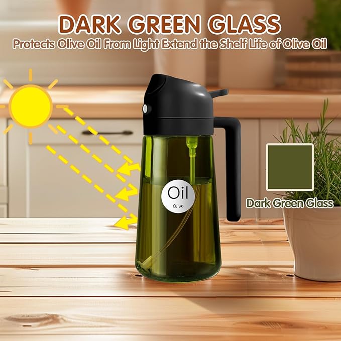 YARRAMATE 16oz/470ml 2PCS Light Blockage Dark Oil Sprayer for Cooking, 2 in 1 Olive Oil Dispenser Bottle for Kitchen, Green Glass Oil Bottle, Food-Grade Oil Mister for Air Fryer, BBQ (Black & Green)