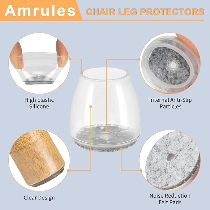 36Pcs Round Chair Leg Floor Protectors, Silicone Chair Feet Caps to Protect Tile Floors, Felt Pads Furniture Leg Caps Covers from Scratches and Noise (Clear, Small Fit: 0.9"-1.29")