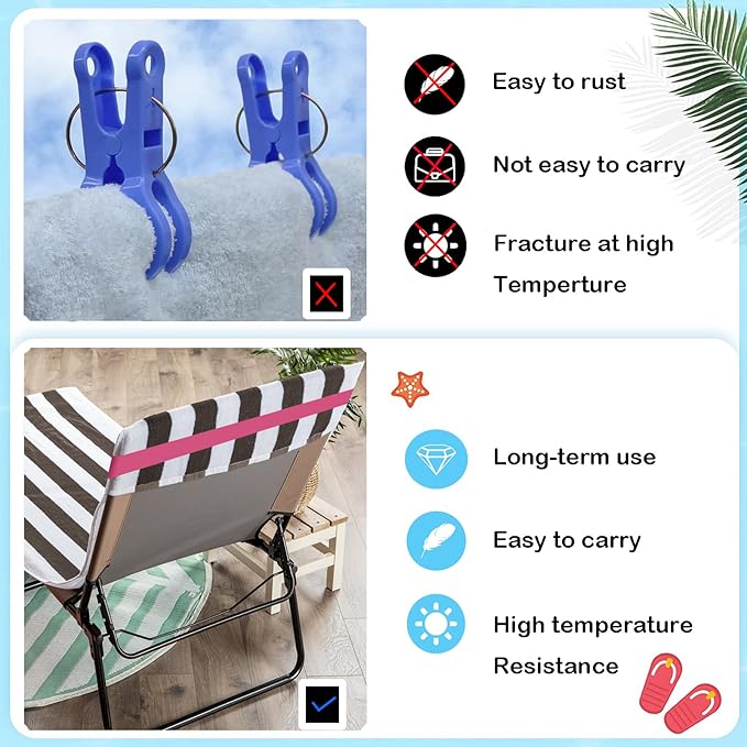 Towel Bands (6 Pack) - Stretch Beach Towel Clips for Beach Cruise Pool Chairs, Lounge Towel Holder Elastic, Cruise Ship Essentials (Pink)