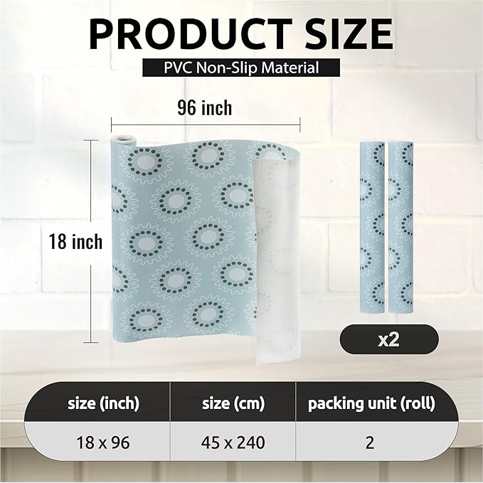 FIFTY FEET 18X96 Inch Shelf Liner for Kitchen Cabinets, PVC Drawer Liner for Dresser Non-Slip Bathroom, Non-Adhesive Cabinet Liner Washable (Blue Circle)(2 Roll)
