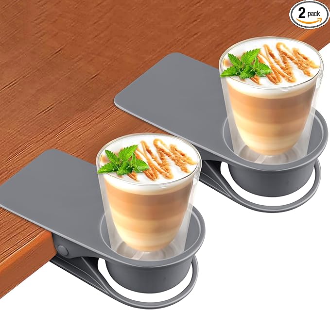 2PCS Drinking Cup Holder, Kalolary Desk Bottle Cup Stand DIY Glass Clamp Storage Saucer Clip Water Coffee Mug Holder Saucer Clip Design for Home & Office, Grey