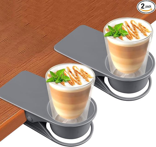 2PCS Drinking Cup Holder, Kalolary Desk Bottle Cup Stand DIY Glass Clamp Storage Saucer Clip Water Coffee Mug Holder Saucer Clip Design for Home & Office, Grey