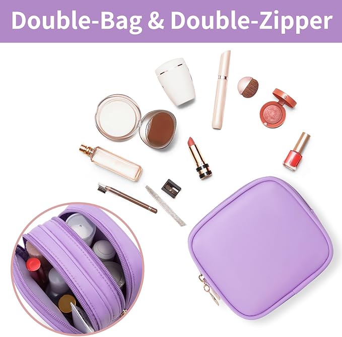 2PCS Small Makeup Pouch, Double Zipper Cosmetic Bag, Travel Makeup Bag, Cute Makeup Bag for Purse, Mini Toiletry Bag (Blue+Lilac)