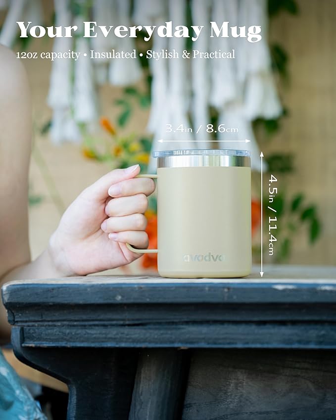12oz Insulated Coffee Mug with Lid – Includes Two Lids, Stainless Steel Coffee Travel Mug with Handle, Double Wall Vacuum Insulated Camping Mug for Home, Office & Outdoor, Brown