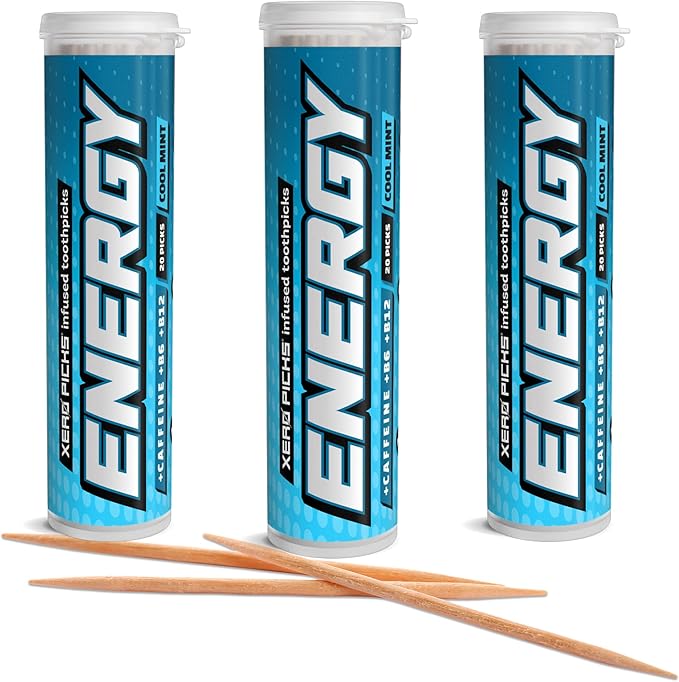 Xero Picks Energy Caffeine Flavored Toothpicks B12 for Focus & B6, 60 Picks (Pack of 3) (Cool Mint) Sugar-Free Alternative to Energy Mints & Gum - Kosher