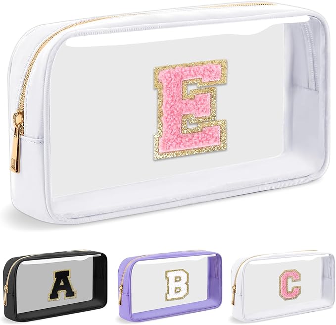 Personalized Initial Letter Clear Makeup Bag, Preppy Small Nylon & PVC Cosmetic Zipper Bag with Chenille Letter, Travel Skincare Toiletry Bag, Monogram Christmas Gift for Teen Girls Women, E