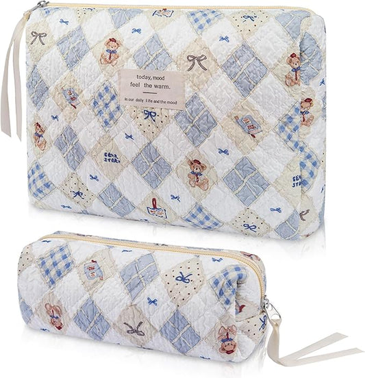2PC Makeup Bag Set, Cute Cosmetic Bag for Women Girls, Floral Coquette Aesthetic Toiletry Bag, Travel Make Up Organizer Bag (Argyle Bear)