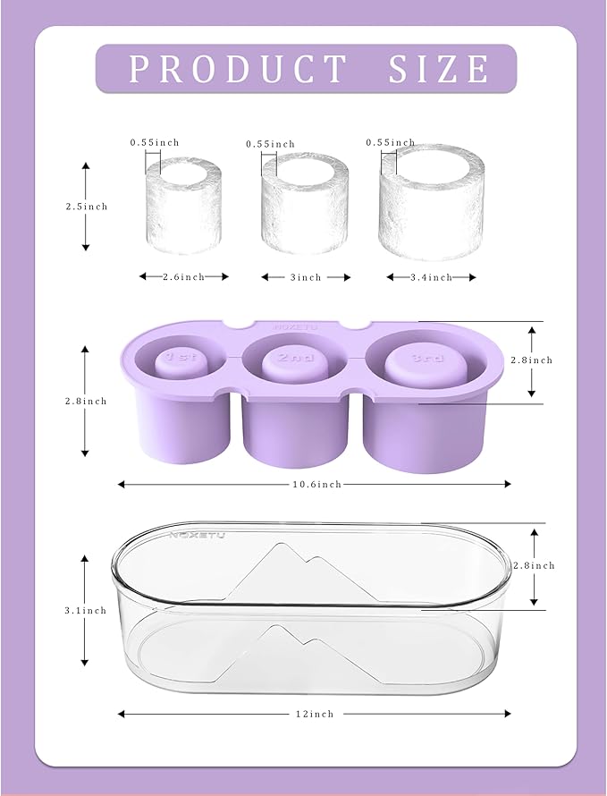 Ice Mold for Stanley Cup 30/40 Oz - Easy Fill and Release Without Touching Ice, Silicone Ice Cube Tray with Clear Lid and Bin for Freezer, Whiskey, Cocktail (Purple)
