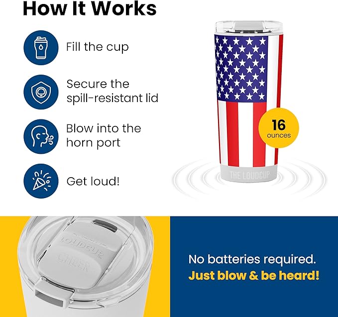 The LoudCup Blow Horn Tumbler, Cheer & Sip 2-in-1 Reusable Water Bottle with Built-In Horn for Sports Games, Tailgates, Parties & Events, BPA-Free