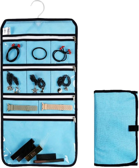 Travel Foldable Jewelry Rolls Bag Hanging Jewelry Organizer with 9 Zippered Clear Pockets Storage Pouch with Rotatable Hanger (BLUE)