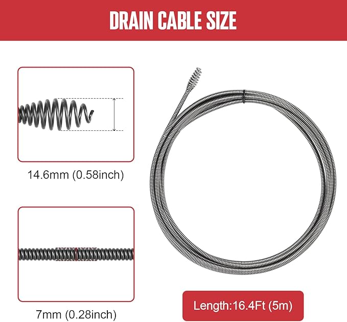 POPULO Repalcement Cable, 16.4Ft/5m Fits for PDAL-12/PMDA-5/PCDA-12 Drain Auger