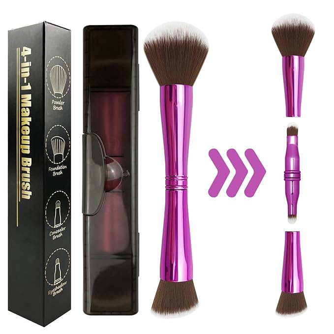 4 in 1 Makeup Brush Set, Travel Makeup Brushes with Case, Mini Makeup Brushes, Powder, Foundation, Concealer, Eyeshadow, Dual Ended, Synthetic Bristles, Purple