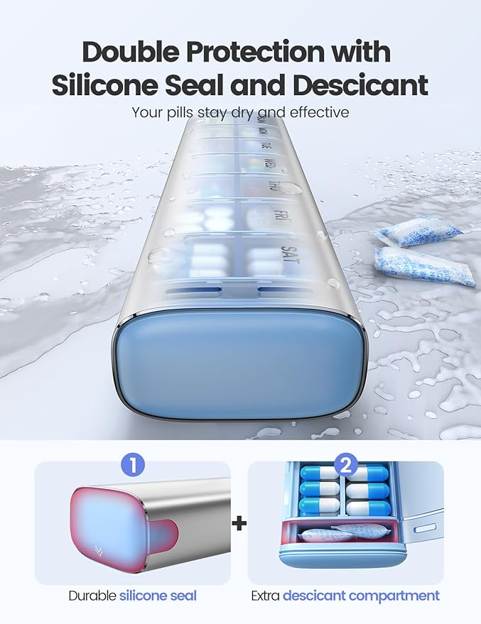 VAYDEER Metal Weekly Pill Organizer – Moisture-Proof Travel Pill Organizer with Built-in Desiccant Chamber and Airtight Lids – Large-Capacity Pill Box for Vitamins, Medicines & Supplements (Rose Gold)