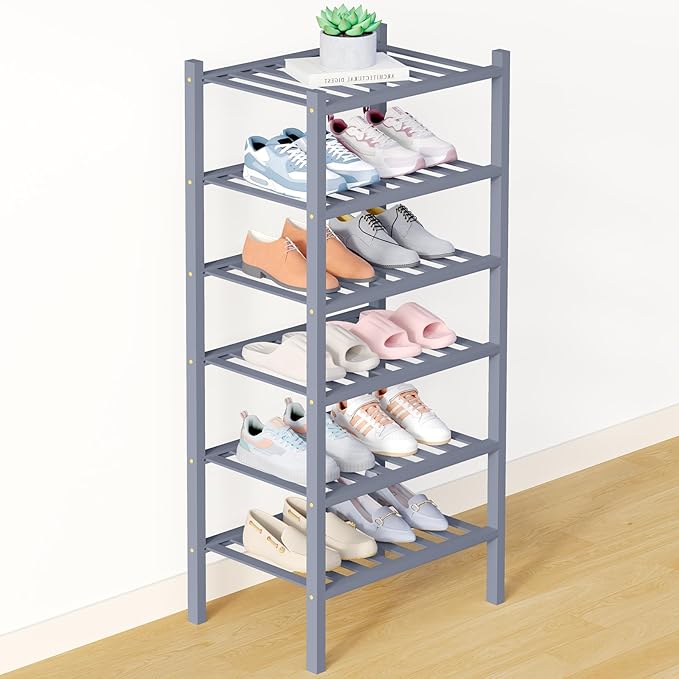 Smiry Bamboo Shoe Rack for Closet, 6-Tier Small Wooden Stackable Shoe Organizer, Freestanding Shoe Storage Shelf for Entryway, Front Door Entrance, Grey
