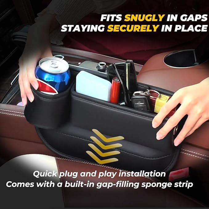 PLEW 2-Pack Black Obsidian Car Seat Gap Filler, Premium Leather Console Organizer Universal Fit for Car SUV Truck Multi-Purpose Essentials Organizer - Car Seat Gap Filler Organizer with Cup Holder