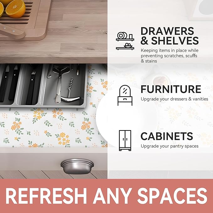 RAY STAR Shelf Liner, 18 Inch x 24 Feet Non-Adhesive Orange Floral Kitchen Cabinet Liner for Pantry Drawer Vanity, Strong Grip Non-Slip Waterproof, Shelf Liners for Kitchen Cabinets Cupboard