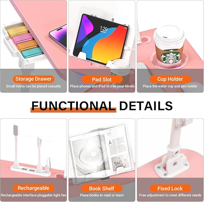 Bed Desk Height Adjustable, Bed Laptop Table with USB/Storage Drawer/Cup Holder/Tablet Stand/Book Shelf, Foldable Breakfast Tray Portable for Reading Writing, Bed, Sofa & Floor, Wood, Pink