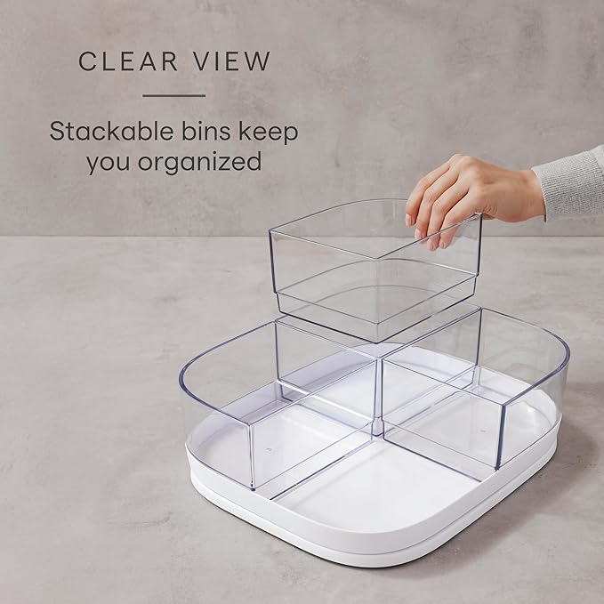 YouCopia MagicTrack Rectangle Lazy Susan Turntable with 4 Clear Storage Bins: Rotating Cabinet Organizer for Kitchen or Bathroom Items, 360° Spin, Non-Slip, White Speckled BPA-Free