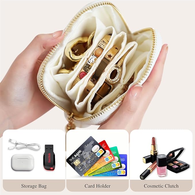 Stratalife Travel Jewelry Case Organizer for Women Portable Jewelry Box with Small Pouches for Gemstones Healing Crystal Bracelets, Necklace Bangles Storage, Pendants Ring Holder Zipper, White Tassel