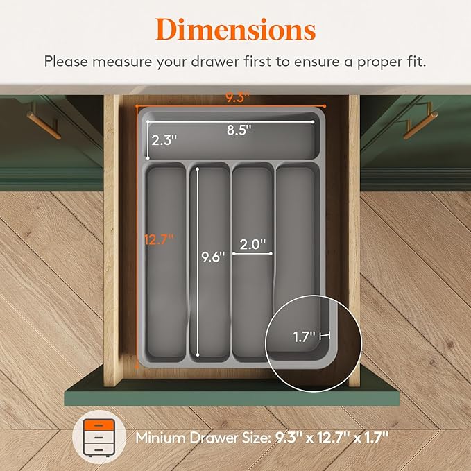 Lifewit Silverware Organizer with Lid, Covered Utensil Tray for Kitchen Drawer and Countertop, Plastic Cutlery and Flatware Storage Box for Spoons Forks Knives Holder Case, 5 Compartments, Gray