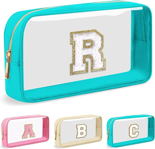 Personalized Initial Letter Clear Makeup Bag,Preppy Small Nylon&PVC Cosmetic Zipper Bag with Chenille Letter,Portable Beach Travel Skincare Toiletry Bag,Trendy Monogram Gift for Teen Girls Women,R