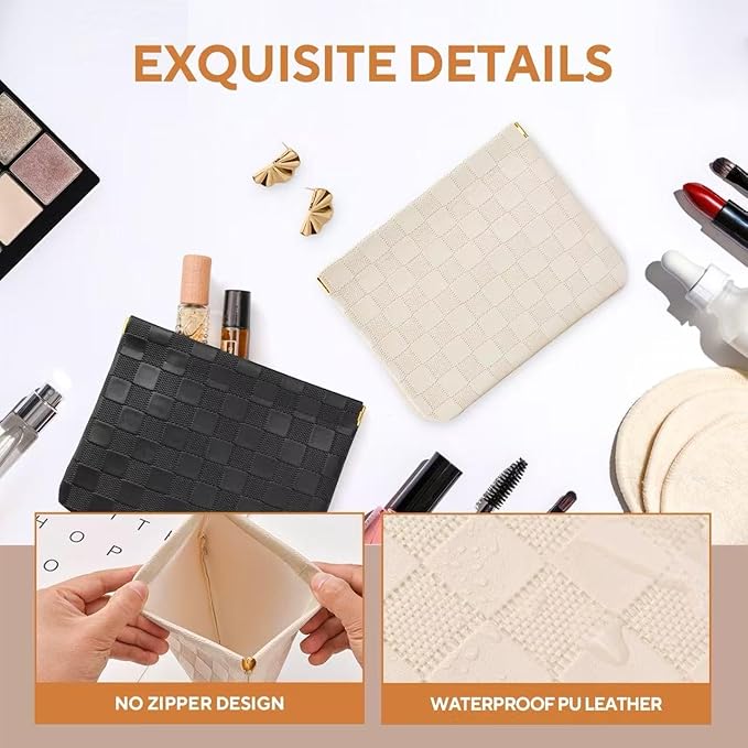 2-Pack Small Waterproof Checkered Makeup Bag - Portable Leather Travel Toiletry Bag Organizer with Snap Closure, Aesthetic Travel Storage Pouches for Women's cosmetic bag for purse
