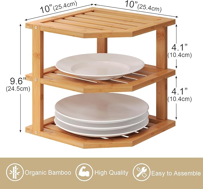 VERTORGAN 3 Tier Bamboo Corner Shelf,Dish Drying Rack,Plate Organizer,Kitchen Spice Rack for Countertop and Cabinet