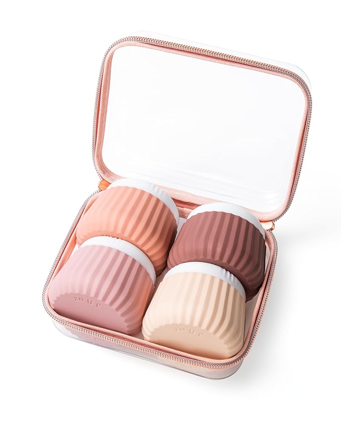Travel Containers for Toiletries 4 Pack, Clear Hard Zipper Case, TSA Approved Travel Size Toiletries, With Clear Bag Leak Proof Silicone Jars, Cream Jars Carrying Small Items