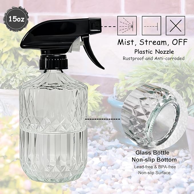 Clear Glass Handheld Spray Bottle, 15oz Refillable Plant Mister Bottle, Water Spray Bottle with Adjustable Mist Nozzle for Indoor Flowers, Outdoor Gardening, Cleaning, Hair and Pets Care