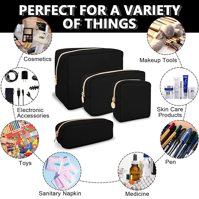Waterproof Small Makeup Pouch for Purse, Nylon Travel Toiletry Storage Pouch Cute Preppy Cosmetic Bag for Women Girl, Waterproof Makeup Organizer Skincare Bag Purse with Zipper (Small-Black)