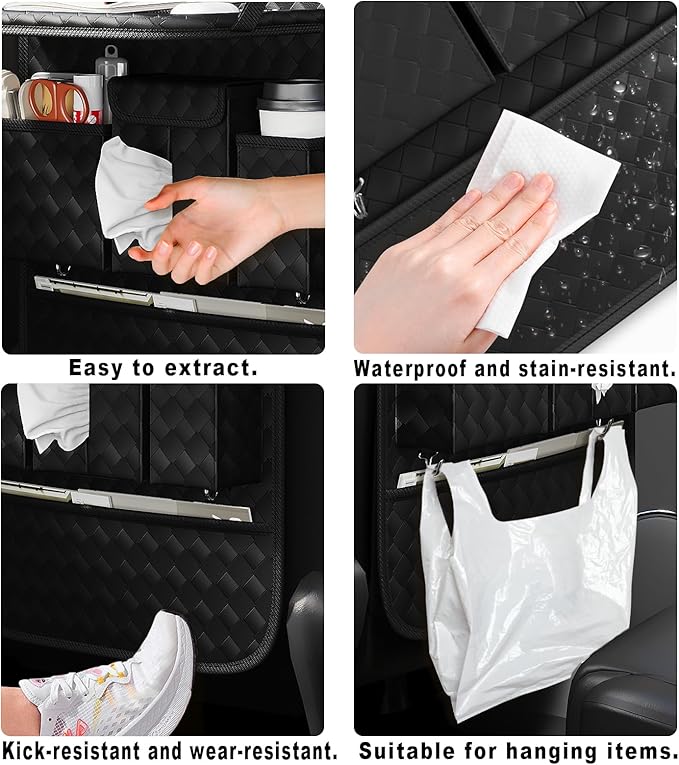 GMQ Back Seat Car Organizer 1 Pack,Backseat Organizer with Tray,Multifunctional Car Seat Back Storage Box with Foldable Tablet Holder (Black, Weave)