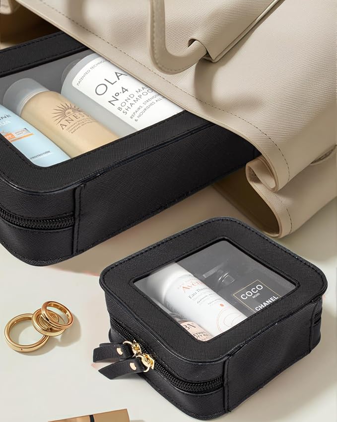 Clear Makeup Bag Set for Women Portable Clear Makeup Bag Cute Waterproof Travel Cosmetic Bag Travel Essentials Car Accessories for Women Men(Black, Standard + Mini)