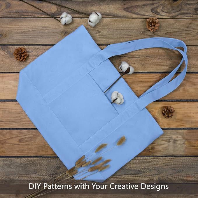 TOPDesign 1-Pack Canvas Tote Bag with an External Pocket, Reusable Grocery Shopping Bag, Top Zipper Closure, Daily Essentials (Light Blue)
