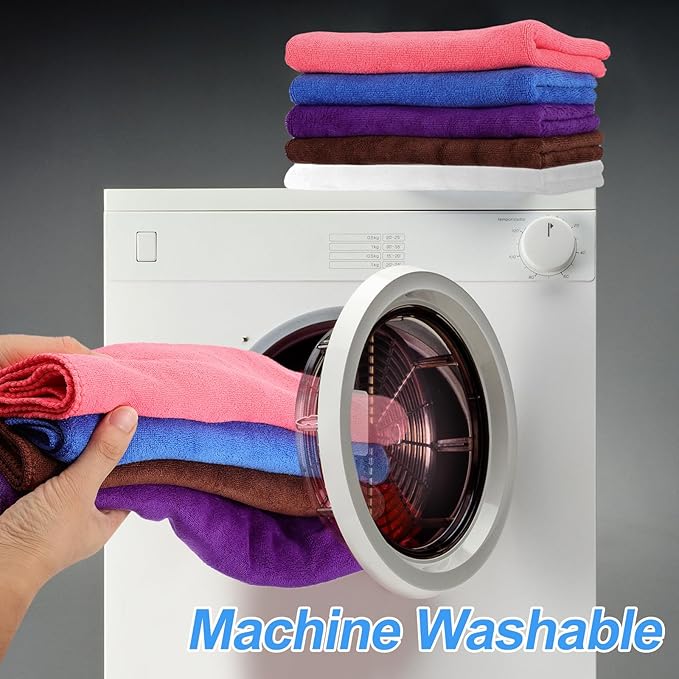 HARFINGTON 6 Pack Microfiber Cleaning Cloth, 16" x 12" Multi-Functional Cleaning Towels Reusable Absorbent Rags with Hook for Car Wash Kitchen Household Window Clean, Purple
