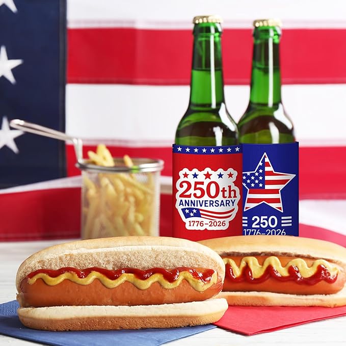 Yungyan 12 Pcs 4th of July American Can Cooler Patriotic Sleeves 250th Anniversary for 1776-2026 Independence Day Red Blue USA Flag Accessories Memorial Day for Party Favors Decoration(Fashion Style)
