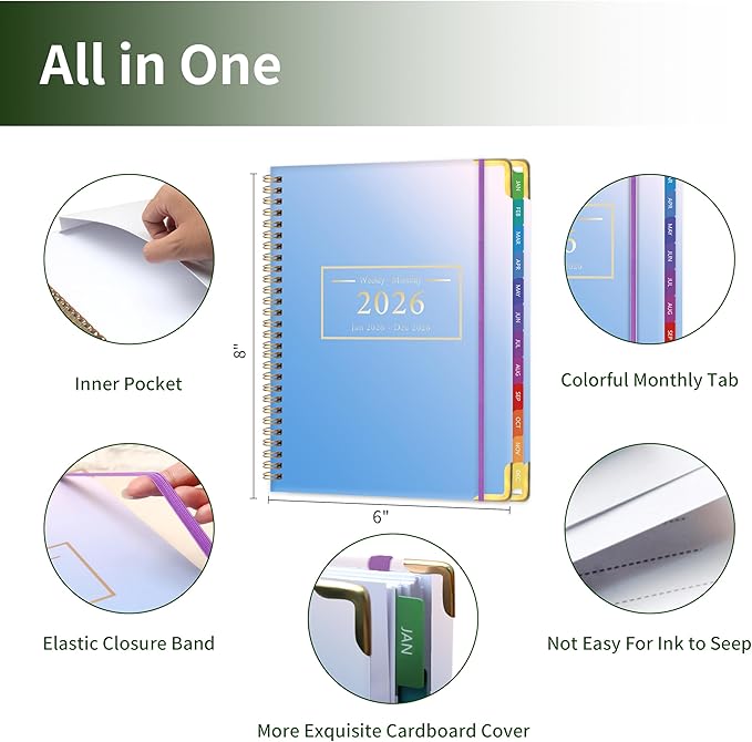 Planner -2026, Hardcover Weekly & Monthly Calendar Planner, January 2026 - December 2026, 6" x 8", Daily Agenda Book with Colorful Tabs, College Organizer Notebook, School & Work Supplies for Student Teacher Classroom