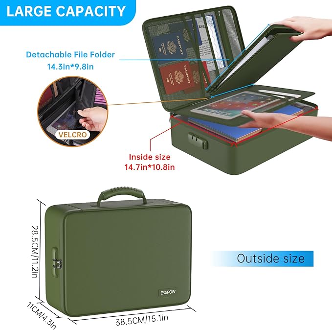 ENGPOW 5200 Fireproof File Organizer Bag with 13 Pocket Accordion File Folder, Document Organizer Box with Lock & Labels, Multi-Layer Portable Home Travel Safe Storage for Important Documents, Green