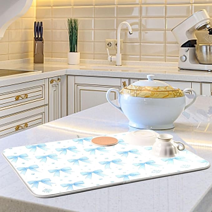 Blue Bow Ribbon Dish Drying Mat for Kitchen Countertop 18x24 Bowknot White Coquette Pattern Large Drying Mat Reusable Quick Dry Dish Sink Mats Easy Clean Decorative Essentials
