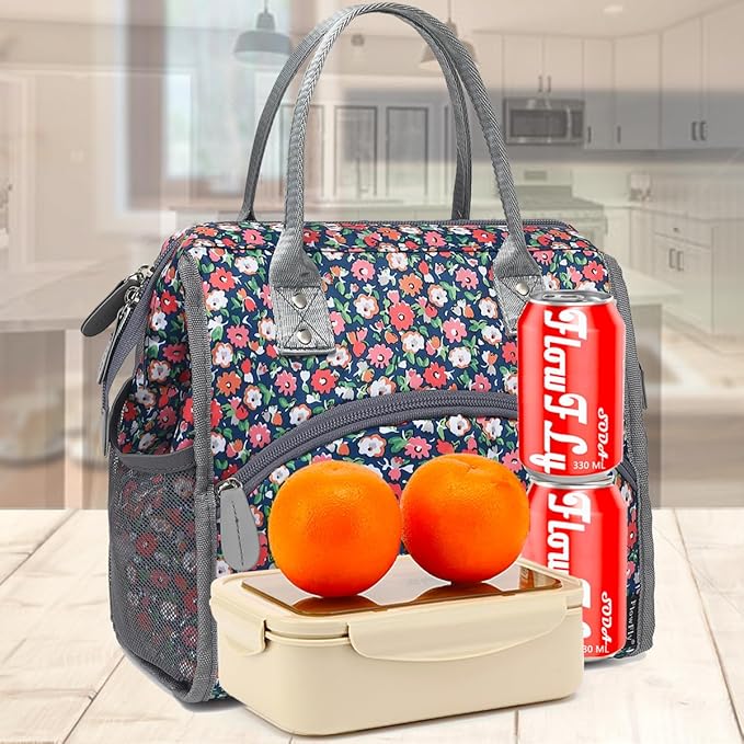 FlowFly Insulated Lunch Bag for Women, Men, Large and Reusable, with Handle, for Work, Travel, and Meal Prep Organizer, Floral